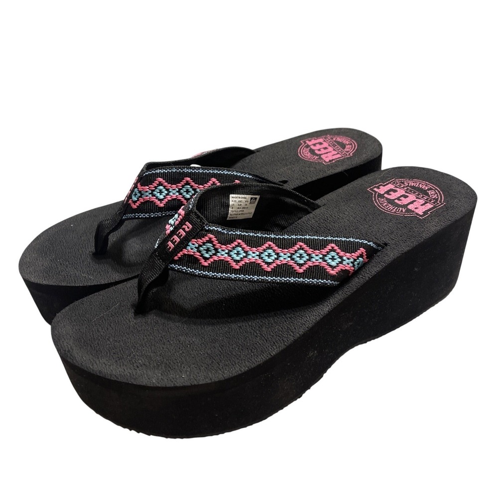 Reef Women 8 Sandy Hi Platform Sandals Thong Black Pink Malibu Boho Tribal